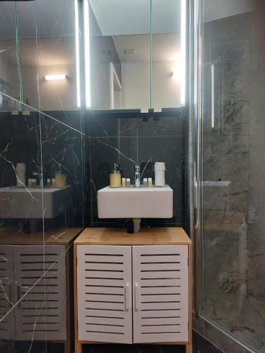 a bathroom with a sink and a shower at El Silencio Apartments in Zurich