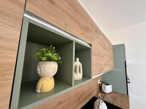 GudjaAS2 - The Alley Suites Apartment in Gudja的柜子里放着两个花瓶和一盆植物