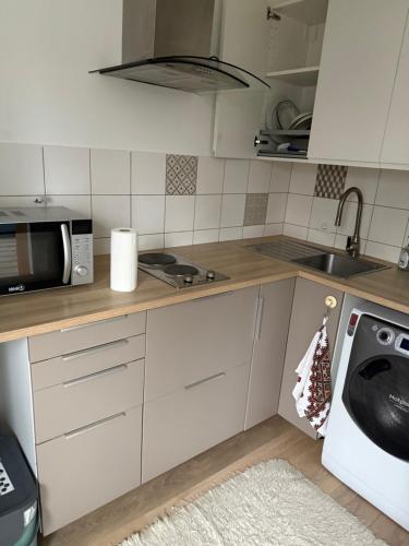 una cucina con forno a microonde e lavandino di Win apartment a Lohja