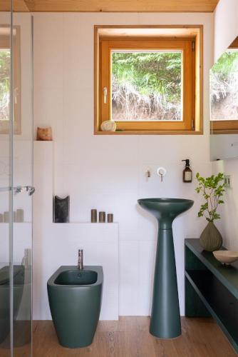 a bathroom with a green sink and a window at Il Pino in Tarvisio