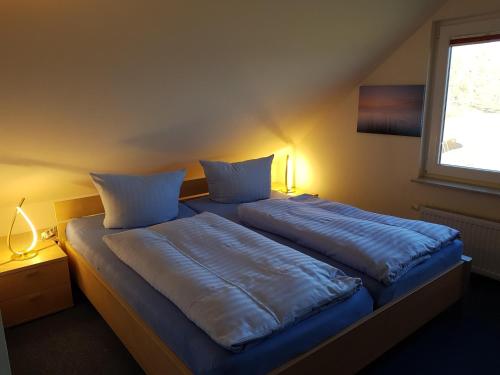 a bedroom with a large bed with blue sheets and a window at Weitblick in Lebbin