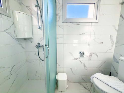 een badkamer met douche, toilet en raam bij Alassia Blue Villa in Protaras