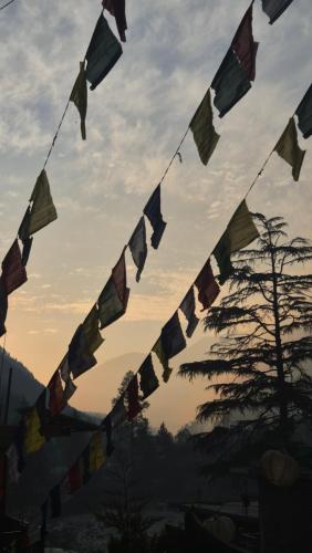a group of flags flying in the sky at Ravers point in Kasol