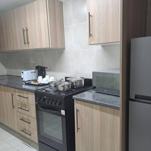 una cucina con una stufa con pentole e padelle sopra di Villa Central a Francistown