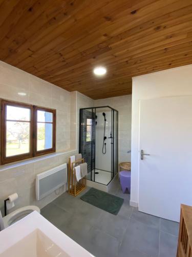 een badkamer met douche, wastafel en toilet bij La Pilote in Ponlat-Taillebourg