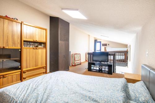 a bedroom with a bed and a flat screen tv at Les Crocus - Magnifique Vue Montagne in Comboursière