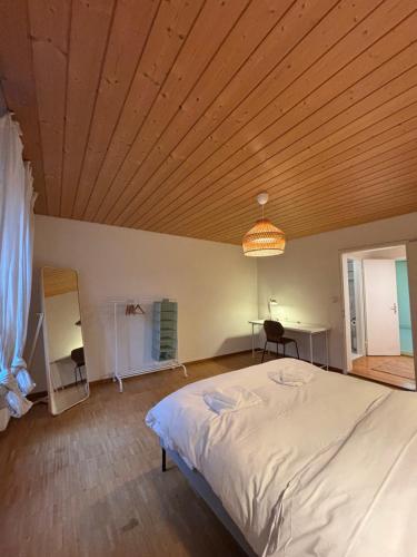 a bedroom with a bed and a wooden ceiling at Zurich Essentials Simple Apartment in Zürich