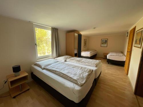 una camera da letto con un letto grande e una finestra di Ferienhaus Lemmerwiese a Stryck