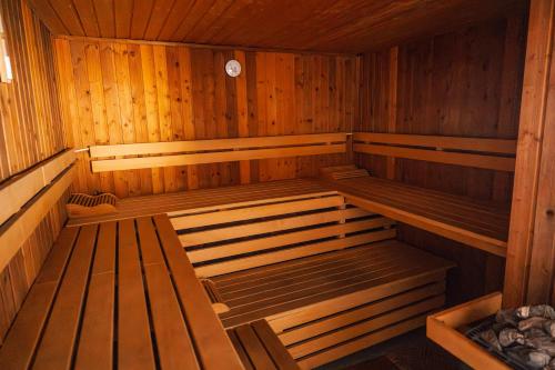 an empty wooden sauna with wooden benches in it at The Great View Sauna & more in Harscheid