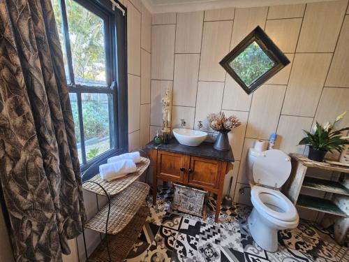 a bathroom with a toilet and a sink and a window at The Homestead at Koringberg Country Cottages in Koringberg