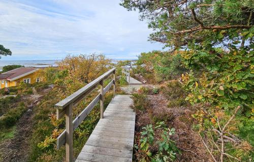 Una pasarela de madera que baja por una colina con una casa. en Amazing Home In Gressvik With Wifi, en Slevik