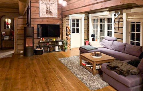 a living room with a purple couch and a fireplace at 4 Bedroom Pet Friendly Home In Svingvoll in Aulstad