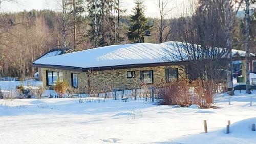 una casa in pietra con tetto ricoperto di neve di Aurora house a Rovaniemi
