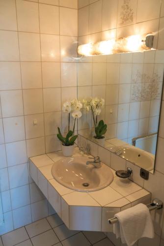 a bathroom with a sink and a mirror and flowers at Landhaus Deuber in Weismain