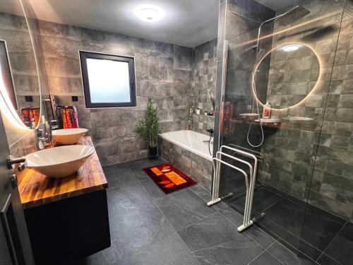 ein Badezimmer mit Dusche, Waschbecken und Badewanne in der Unterkunft Chambre CLAIRIERE in Maizières-lès-Metz