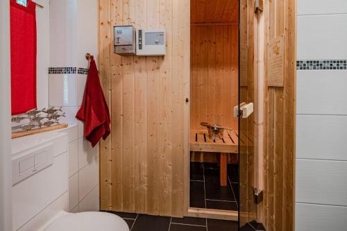 a bathroom with a toilet and a sink at Ferienhaus Kontraste 4m in Korswandt