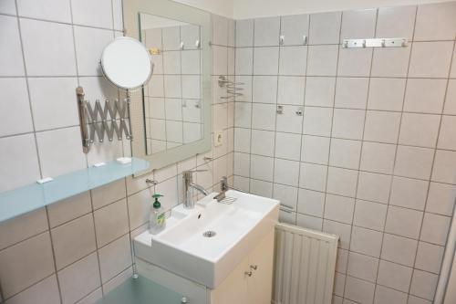 een badkamer met een wastafel en een spiegel bij Kustverhuur, Park Schoneveld Duinroos 131 in Breskens