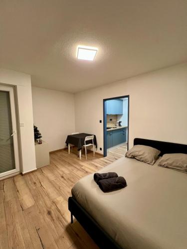 a bedroom with a bed and a desk and a window at Appartement calme et lumineux in Illkirch-Graffenstaden