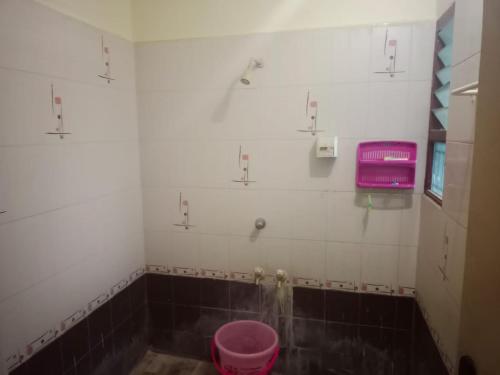een badkamer met een roze emmer in de hoek bij ss Lodge & cottage in Allinagaram