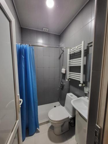 ein Badezimmer mit Toilette und blauem Duschvorhang in der Unterkunft Platformatbilisi in Tbilisi City