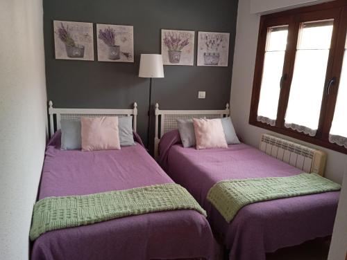 two beds in a room with purple and green at La Casa De Marta in Piedralaves