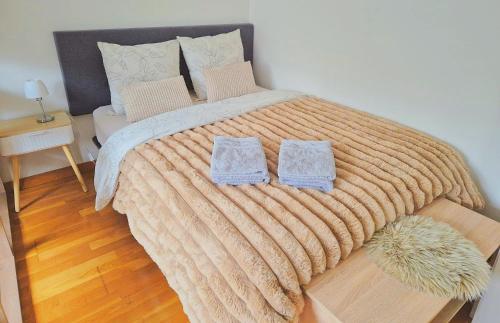 a bedroom with a large bed with two pillows on it at Grand Studio Sécurisé Hypercentre Calme 3 mins de la Gare in Thionville