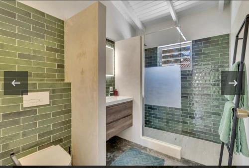 a bathroom with a sink and a shower with green tiles at villa suiker tuintje in Kralendijk