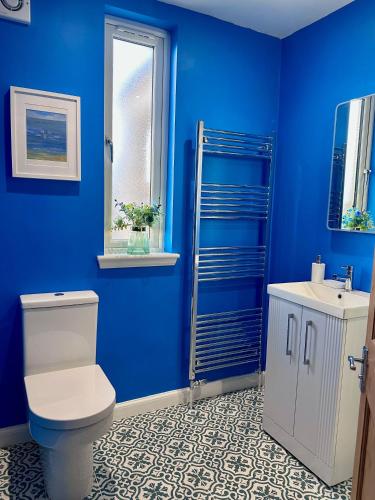 a blue bathroom with a toilet and a sink at Sunset Retreat in Gullane