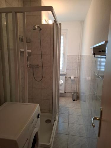 ein Badezimmer mit Dusche, Toilette und Waschbecken in der Unterkunft FeWo s Runde Wiese LL in Greifswald