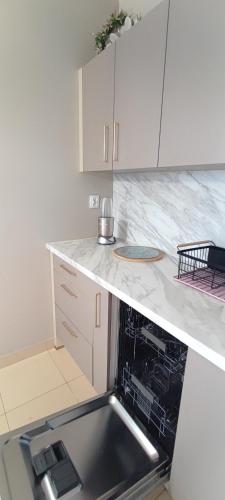 a kitchen with a dishwasher in a white counter top at Cosmopolitan Apartament z bezpłatnym, prywatnym parkingiem w hali garażowej in Toruń