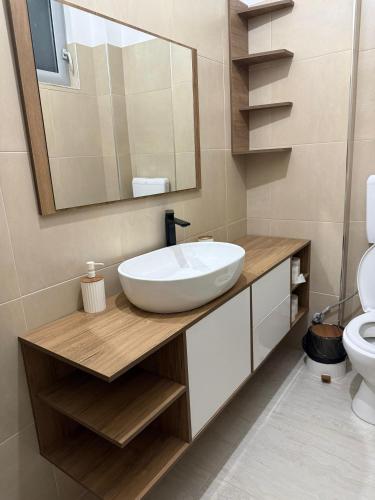 a bathroom with a sink and a mirror at Villa Rusi in Shirgjan