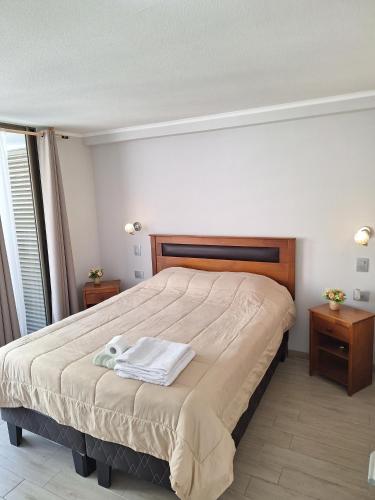 伊基克Rinconcito Costero - Parking y Piscina Gratis的卧室里有一张床，床上有一条毛巾