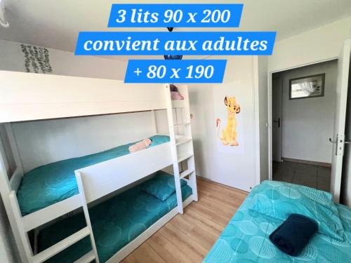 蒙泰夫兰Apt Disneyland 2 chambres, parking, bus sur place的有两张双层床的双层床房