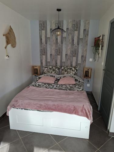 a bedroom with a large bed with pink pillows at Studio Cozy in Heudreville-sur-Eure