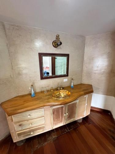 Chalet Lago Calima - Piscina Natural y Jacuzzi في كاليما: حمام مزود بحوض ومِرآة