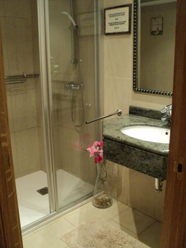 un baño con ducha y lavabo en Pension Larrea, en San Sebastián
