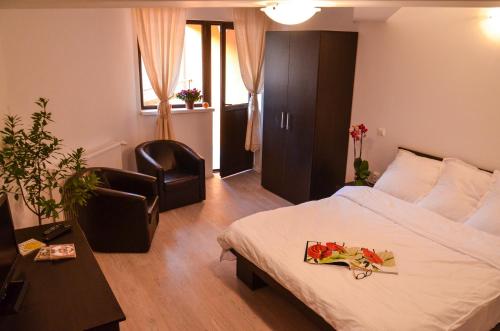 una camera d'albergo con letto e sedia di Rasarit de Soare a Rotbav