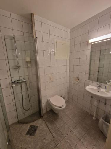 a bathroom with a shower and a toilet and a sink at Bodo Motel Norway in Bodø
