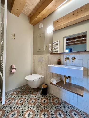 un bagno con un lavandino e un water al suo interno di Gîte Koerich a Koerich