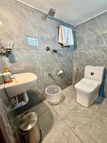 a bathroom with a white toilet and a sink at AETERNA Homestay in Fort Kochi