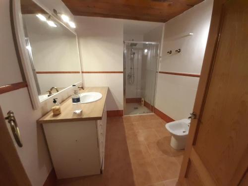 un bagno con lavandino, doccia e WC di Peña Dorada Alojamientos a Lumpiaque