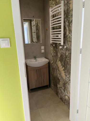 a bathroom with a sink and a mirror at Pokoje Gościnne in Ujsoły