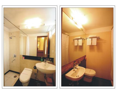 a bathroom with a sink and a toilet and a mirror at Southern Regency in New Delhi