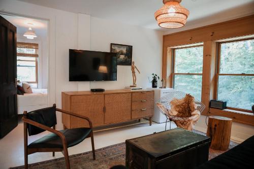 a living room with a flat screen tv and a chair at Boutique Log Cabin & Two Guest Cabins, Hot Tub, Sauna, Swimming Hole, near Whiteface in Upper Jay