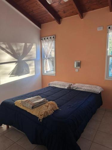 Un dormitorio con una gran cama azul y una ventana en Bungalows El Amanecer, en Colón