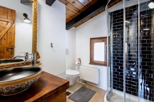 Un baño con lavabo y ducha de cristal. en MZ Reindeer, en Kalívia