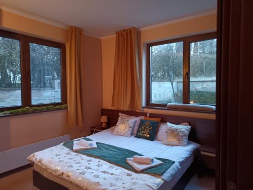 a bedroom with a bed with two pillows and two windows at Terra complex -D6 - Balkan private apartment-Spa Sking Golf and Relax in Razlog