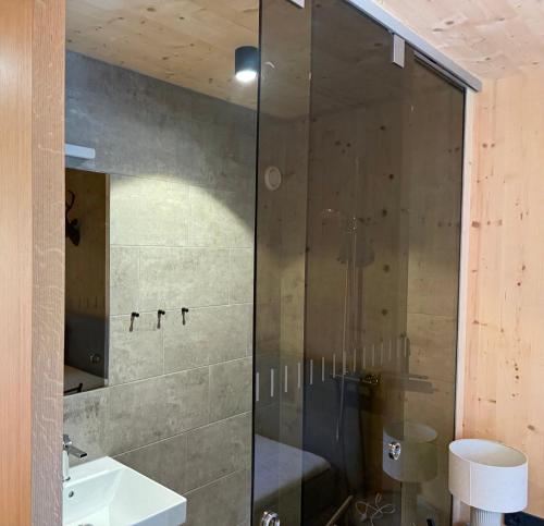 a glass shower in a bathroom with a sink at Mellau Apartments in Mellau