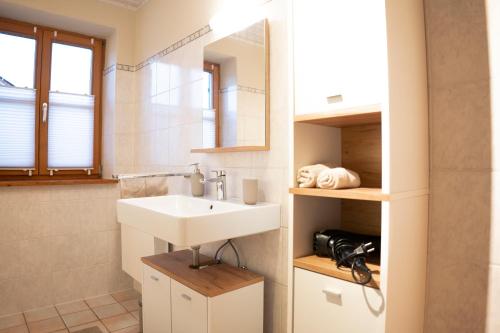 un bagno con lavandino e specchio di Gemütliche Ferienwohnung am Kochelsee a Schlehdorf
