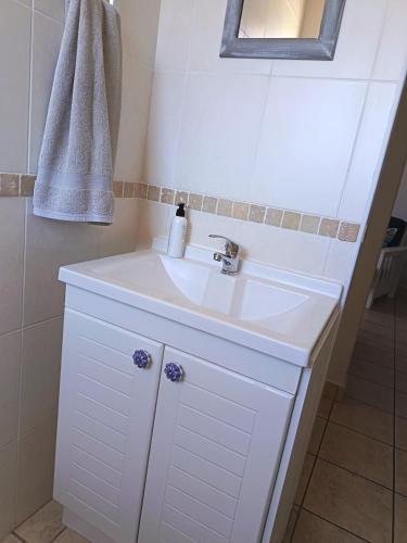 a bathroom with a white sink and a mirror at Hartenbos - Bayview 230m from beach in Mossel Bay